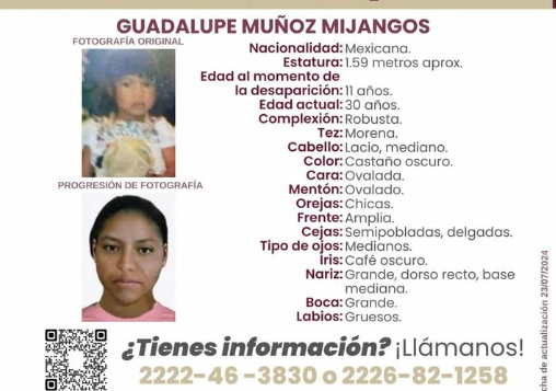Continúa la búsqueda de Guadalupe Muñoz, desaparecida desde 2005 en Puebla