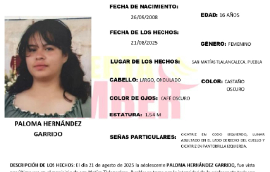 Activan Alerta Amber por desaparición de Paloma en Tlalancaleca