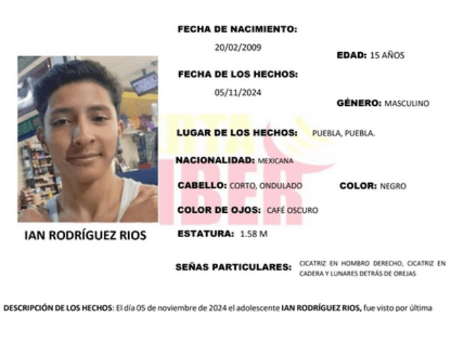 Ian de 15 años desapareció en Puebla; activan Alerta Amber