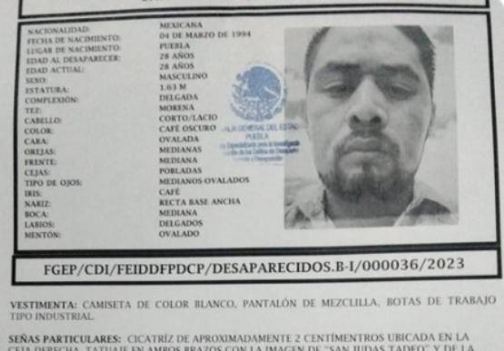 Samuel de 28 años desapareció en calles de Puebla capital