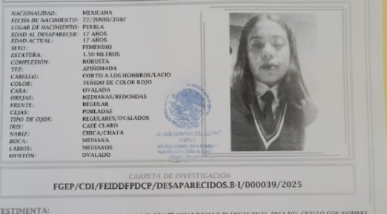 Autoridades buscan a Abigail Pérez de 17 años; desaparecida en Puebla