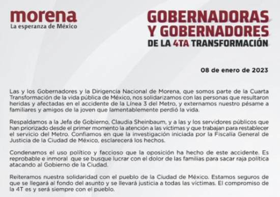 Céspedes y 21 gobernadores de Morena respaldan a Sheinbaum tras accidente del Metro