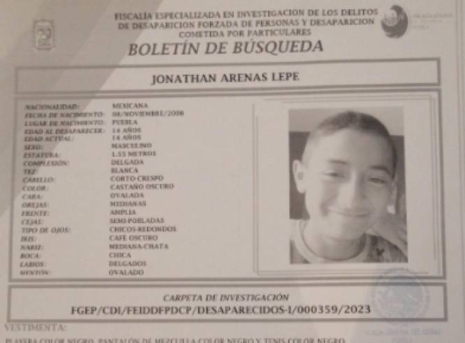 Jonathan de 14 años desapareció en la colonia Valle del Paraíso en Puebla