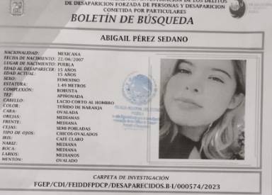 Abigail de 15 años desapareció en San Francisco Totimehuacan