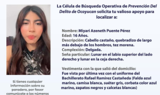 Miyari, de 16 años desapareció en Ocoyucan