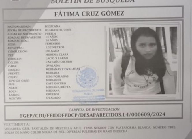 Fátima de 14 años desapareció en calles de Puebla capital
