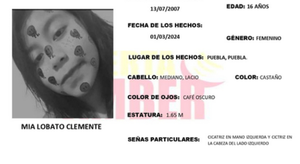 Activan Alerta Amber por desaparición de Mía de 16 años en Puebla  
