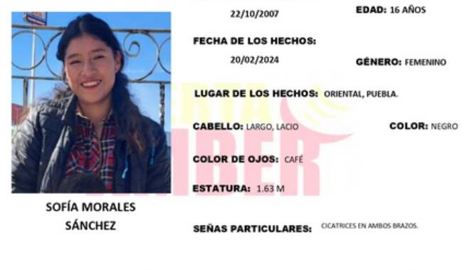 Activan Alerta Amber por Sofía de 16 años; desapareció en Oriental