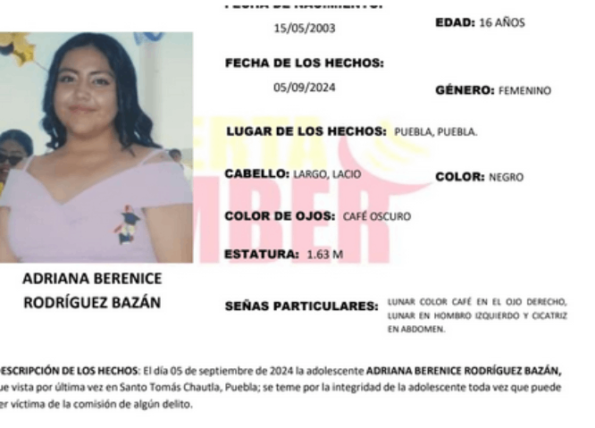 Adriana de 16 años desapareció en Santo Tomás Chautla