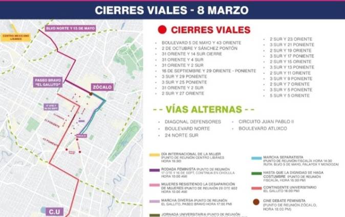 Checa los cierres viales en Puebla capital por marchas del 8M