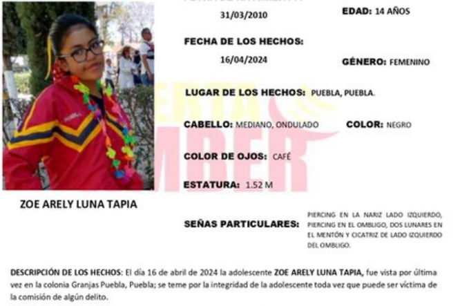 Activan Alerta Amber por Zoé de 14 años; desapareció en Puebla