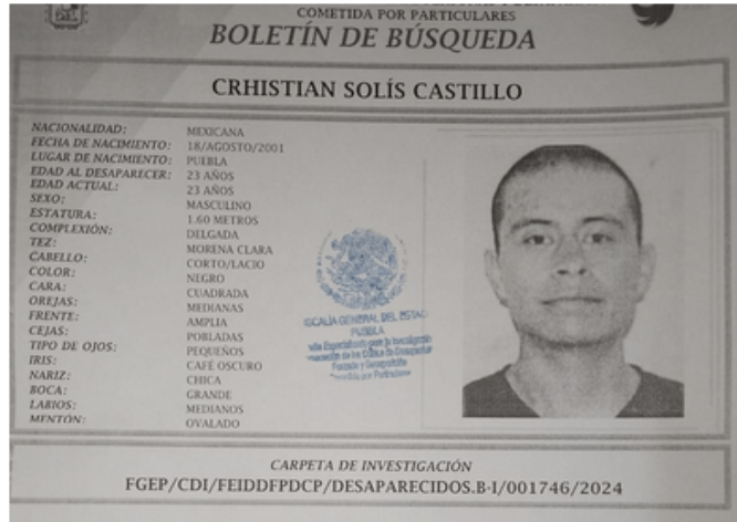 Se activa búsqueda de Christian Solís Castillo, desaparecido en Puebla