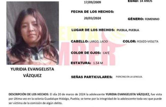 Yuridia de 14 años desapareció en Puebla capital; activan Alerta Amber