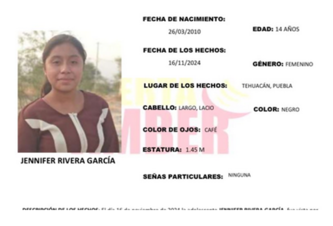 Activan Alerta Amber por desaparición de Jennifer  de  14 años