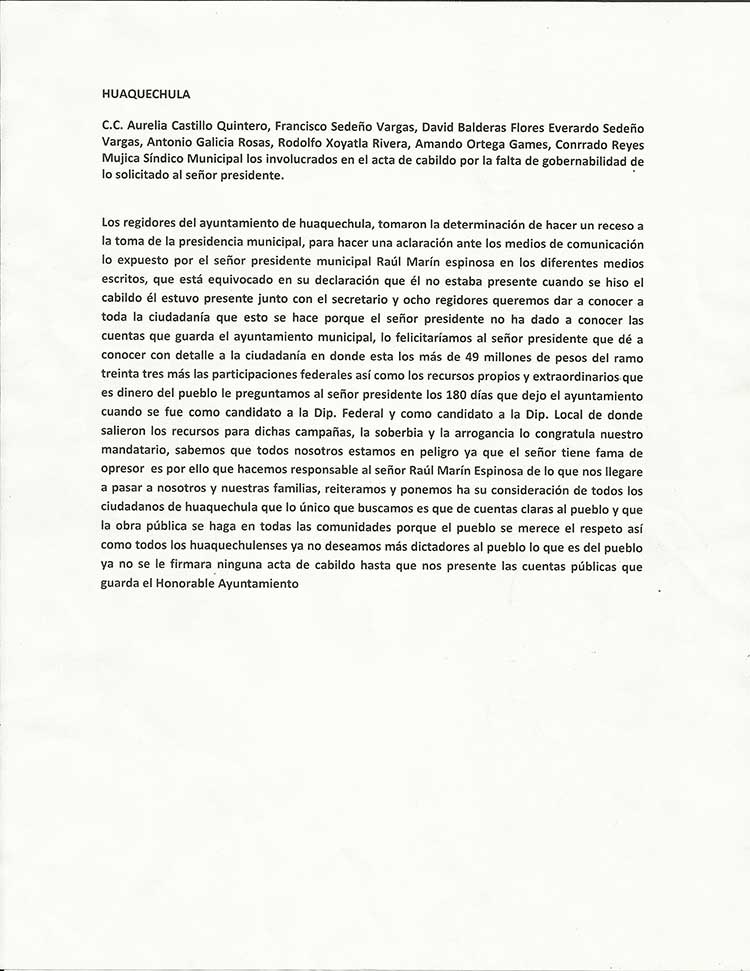 Rechazan regidores acusaciones del edil de Huaquechula