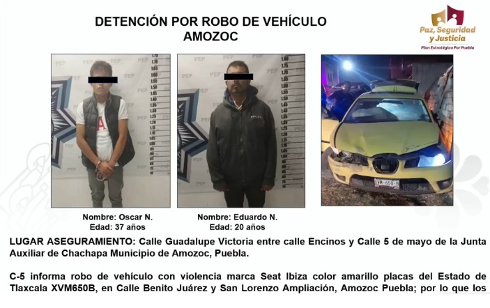 Roban auto, chocan con patrulla y los detienen en Amozoc