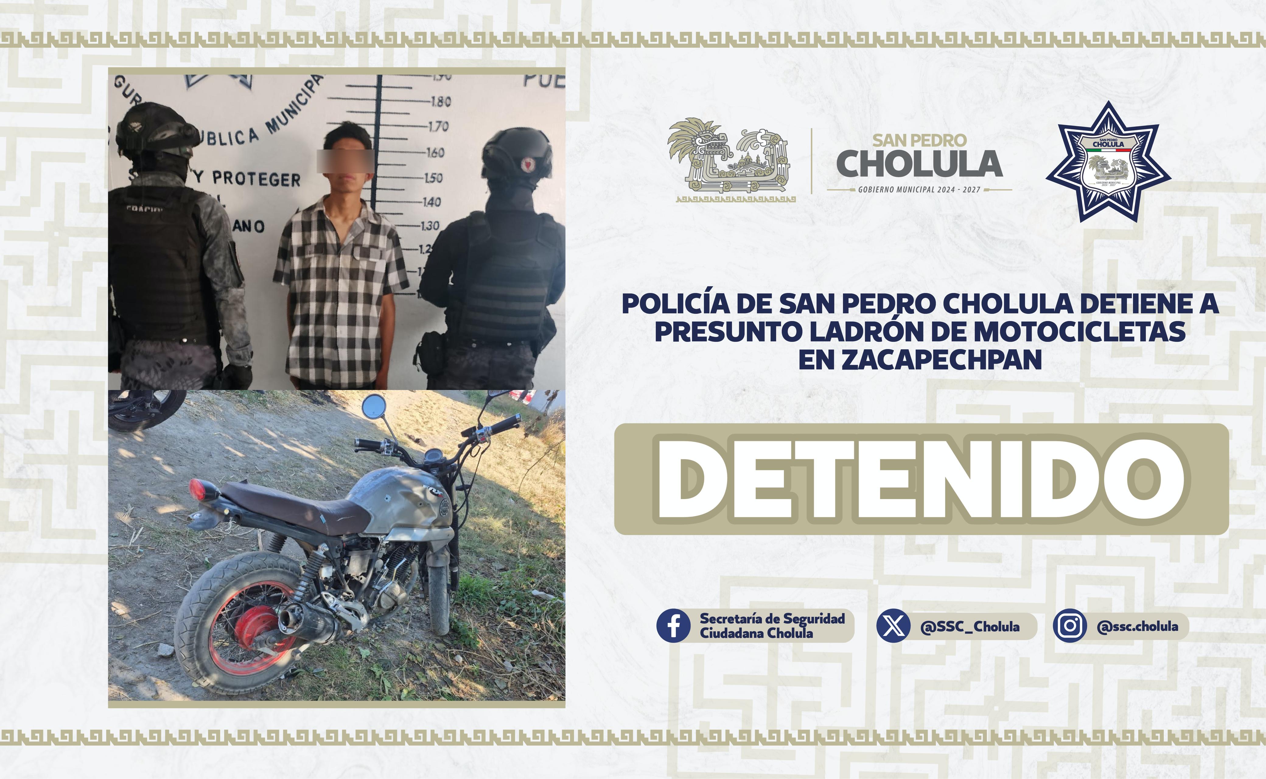 Lo detienen por robar motocicleta en San Pedro Cholula