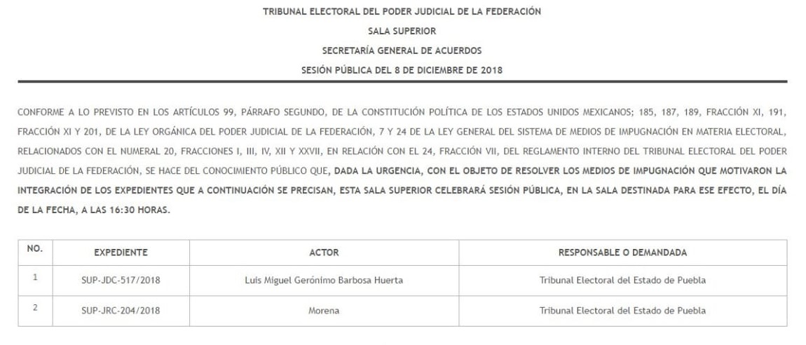 Convoca para hoy TEPJF sesión para resolver elección Puebla