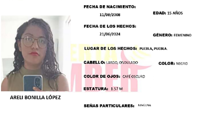 Areli de 15 años desapareció en San Felipe Hueyotlipan