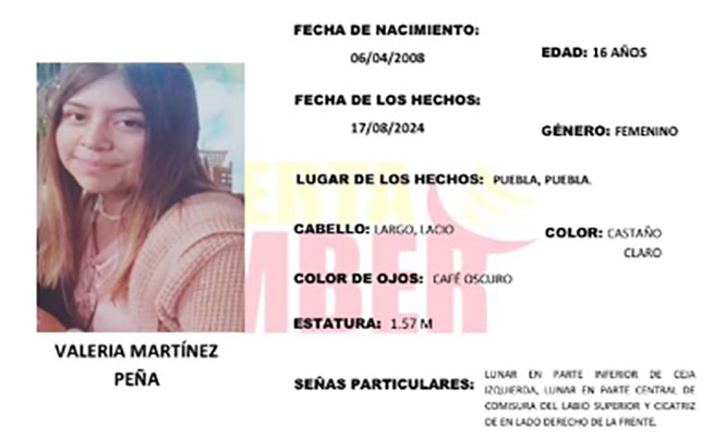  Valeria de 16 años desapareció en la colonia Guadalupe Hidalgo