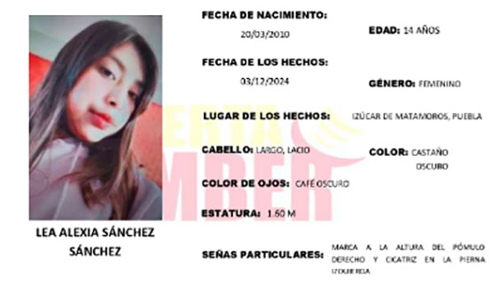 Activan Alerta Amber para localizar a Lea Alexia; desapareció en Izúcar