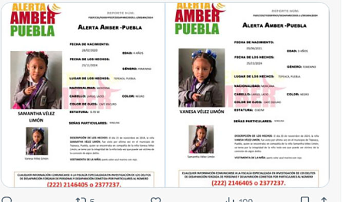 Alerta Amber Puebla: Solicitan apoyo para localizar a dos menores desaparecidas en Tepeaca