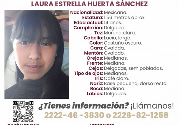 Laura de 14 años salió a la escuela y ya no regresó en Rafael Lara Grajales