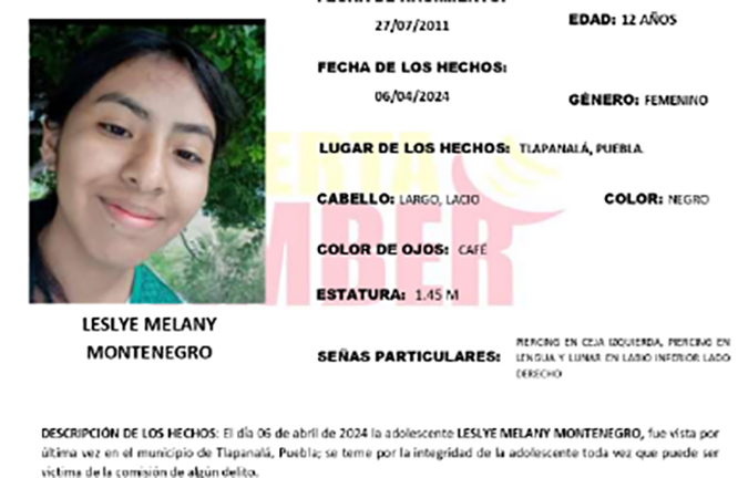 Leslye Melany de 12 años desapareció en Tlapanalá: activan Alerta Amber