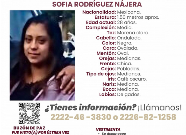 Sofía de 28 años desapareció en calles de Guadalupe Victoria