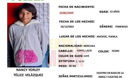 Nancy de 13 años desapareció en Amozoc