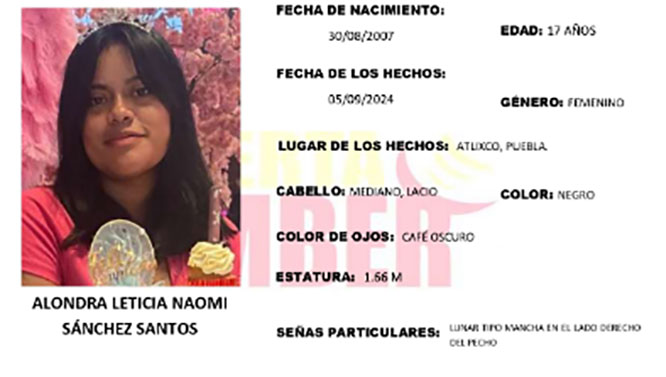 Alondra de 17 años se extravió en el municipio de Atlixco.