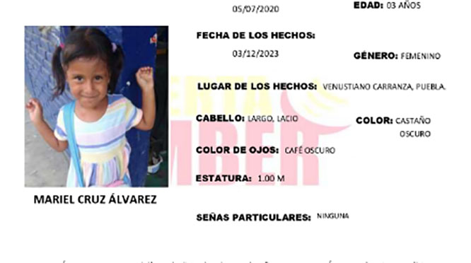 Alerta Amber: Mariel de 3 años desapareció en Venustiano Carranza