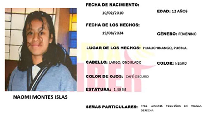 Naomi de 12 años desapareció en Huauchinango; activan Alerta Amber