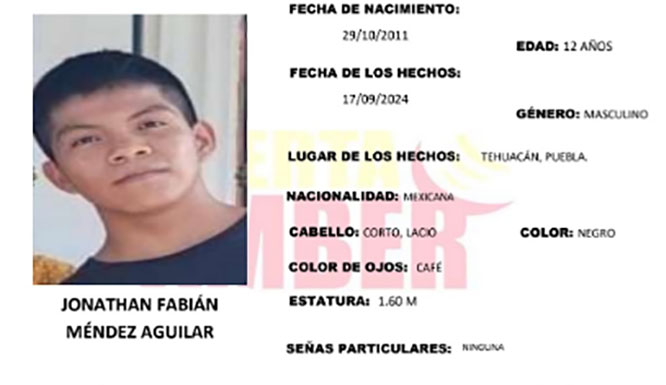 Desaparece Fabián de 12 años en calles de Tehuacán