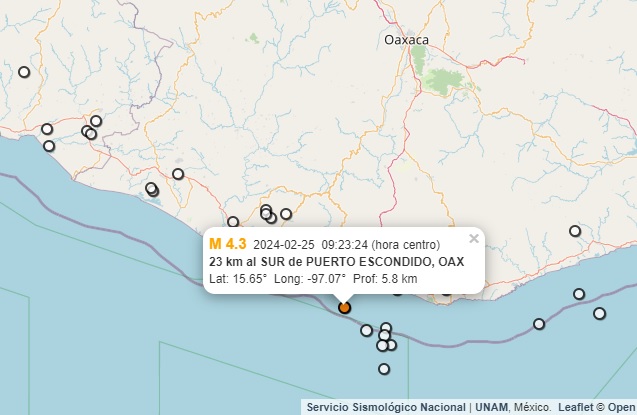 Sacude sismo de 4.3 a Puerto Escondido, en Oaxaca