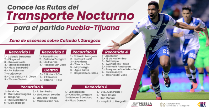 Garantiza gobierno estatal transporte nocturno para partido Puebla vs. Tijuana