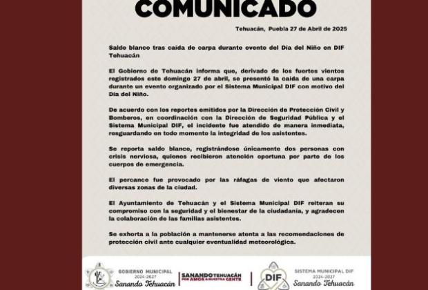 Fuerte viento causa caída de carpa en Tehuacán, pero sin víctimas que lamentar