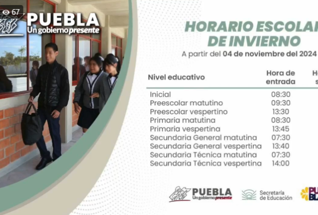 Mañana inicia horario de invierno en escuelas de Puebla