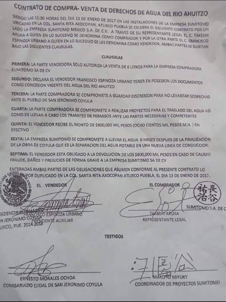 Documento de venta de agua a empresa SUMITOMO en Atlixco es falso