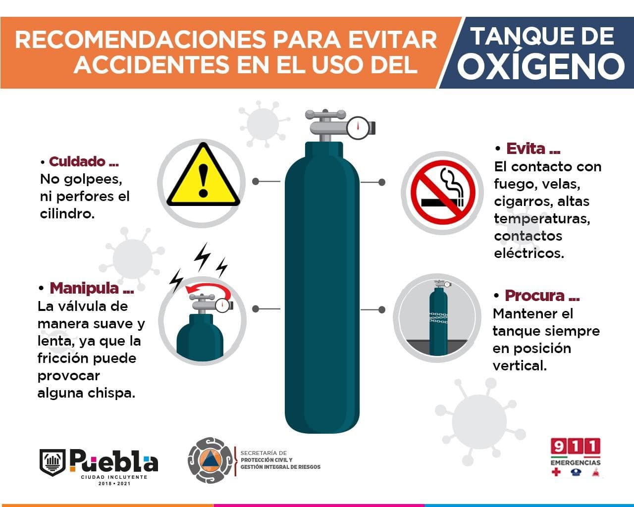 Protección Civil de Puebla emite recomendaciones para uso de tanques de oxígeno 