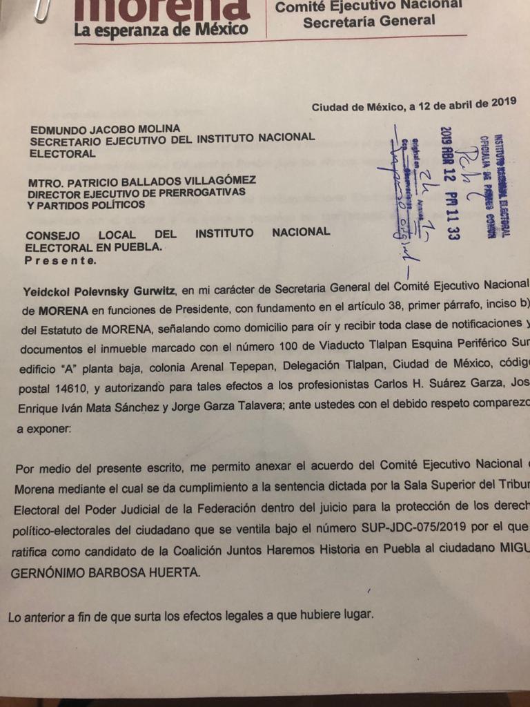 Ratifica Morena candidatura de Barbosa ante TEPJF