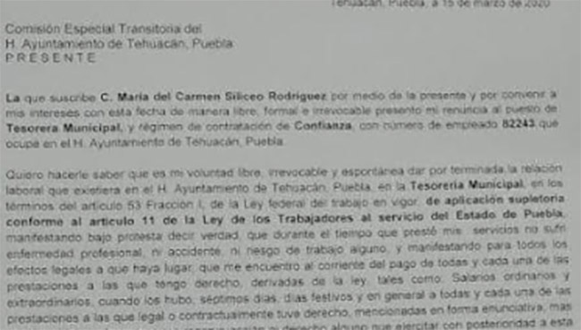 Presenta renuncia tesorera de Tehuacán