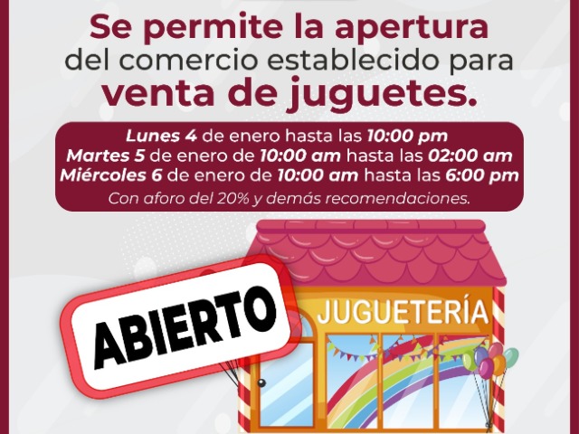 Jugueterías podrán vender 4, 5 y 6 de enero en Texmelucan
