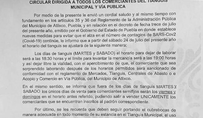 Decretan nuevas reglas en el tianguis de Atlixco por tercera ola de covid