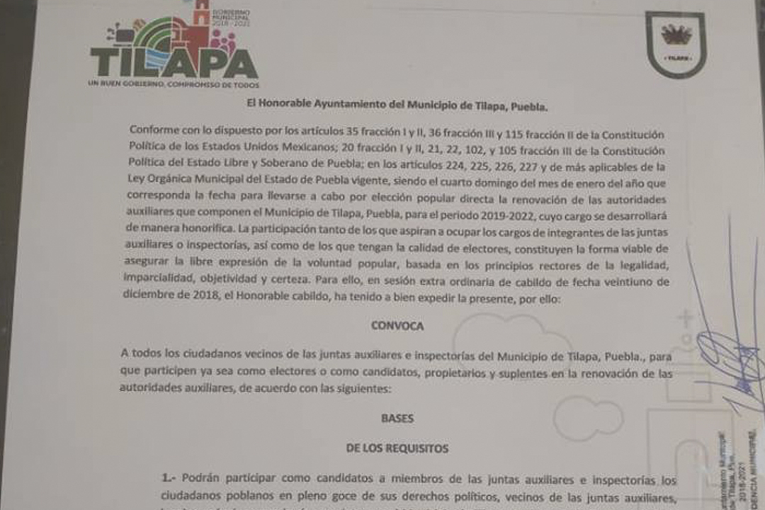 En Tilapa convocan a renovación de autoridades auxiliares