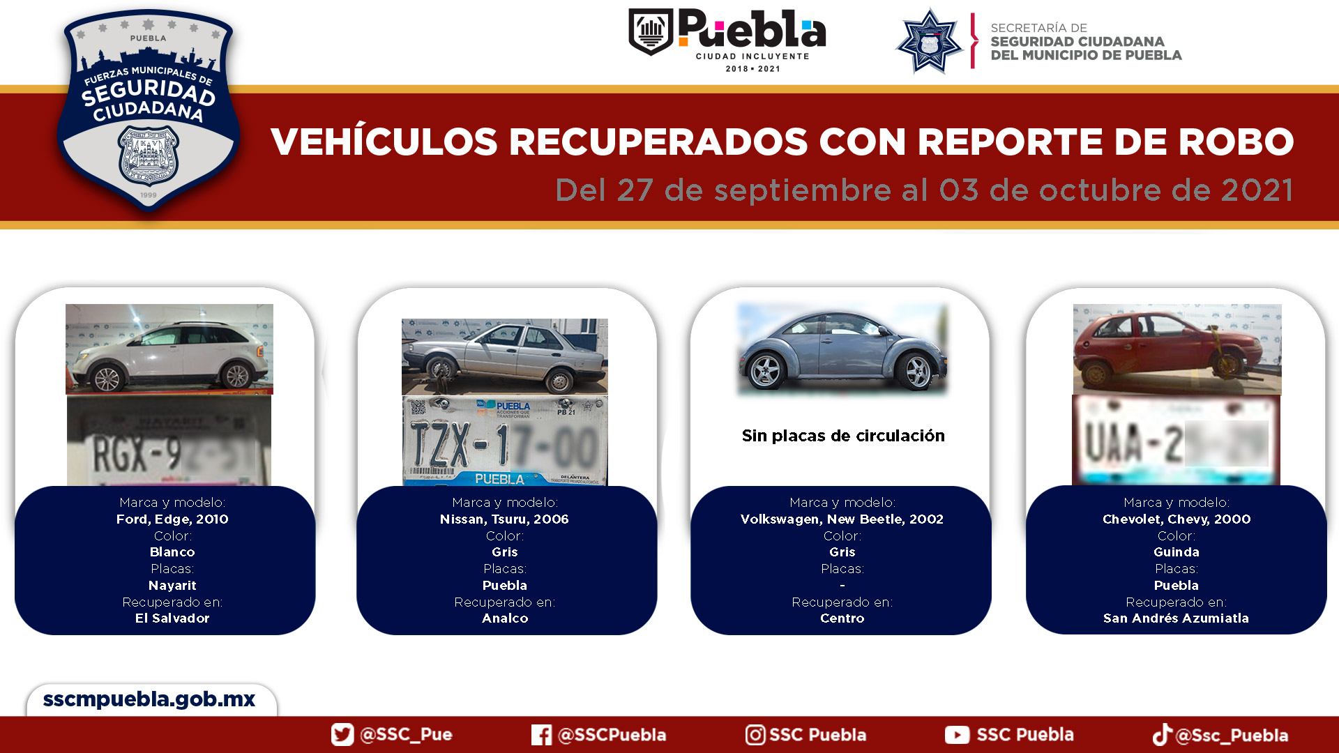 Recuperan en Puebla 10 autos robados y 9 por su uso en delitos