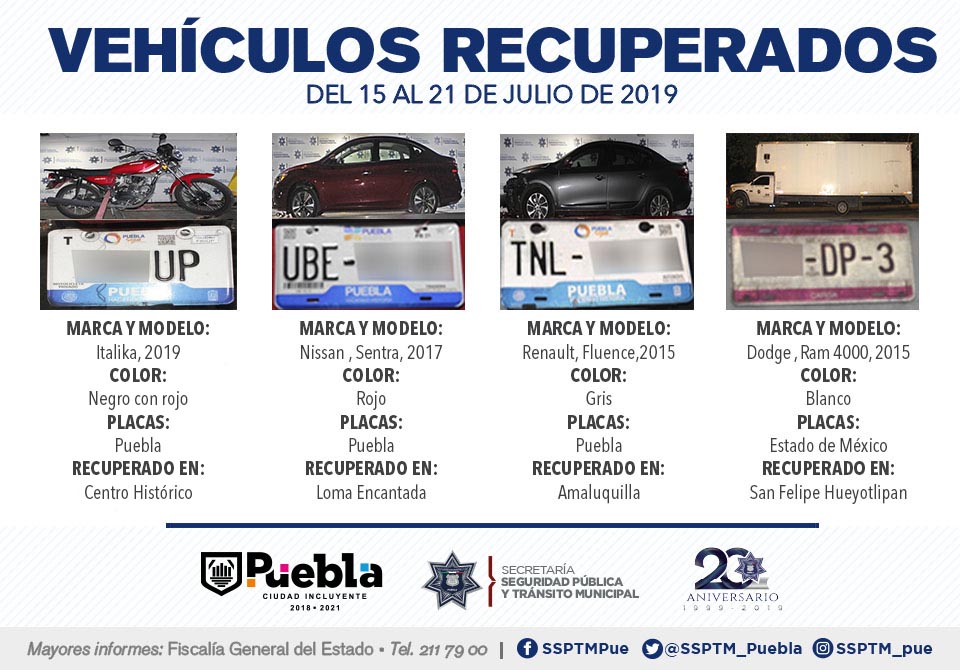 Recuperan ocho vehículos en la capital poblana