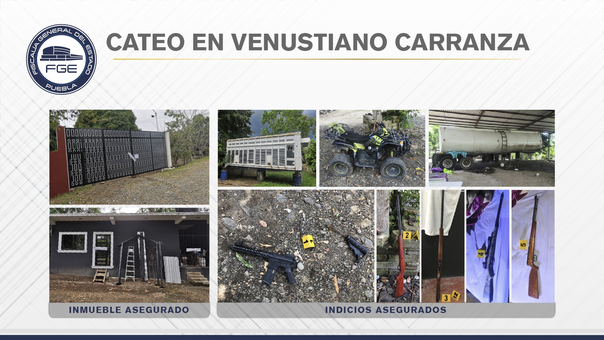 FGE aseguró armas y vehículos en cateo en Venustiano Carranza