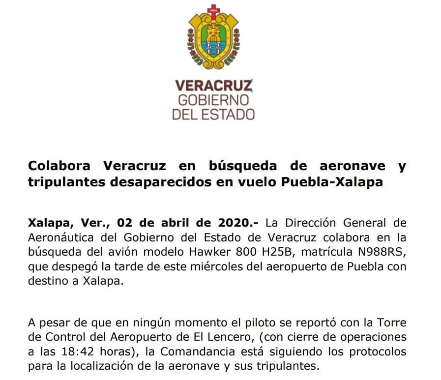 Colabora Veracruz en búsqueda de aeronave que despegó de Puebla