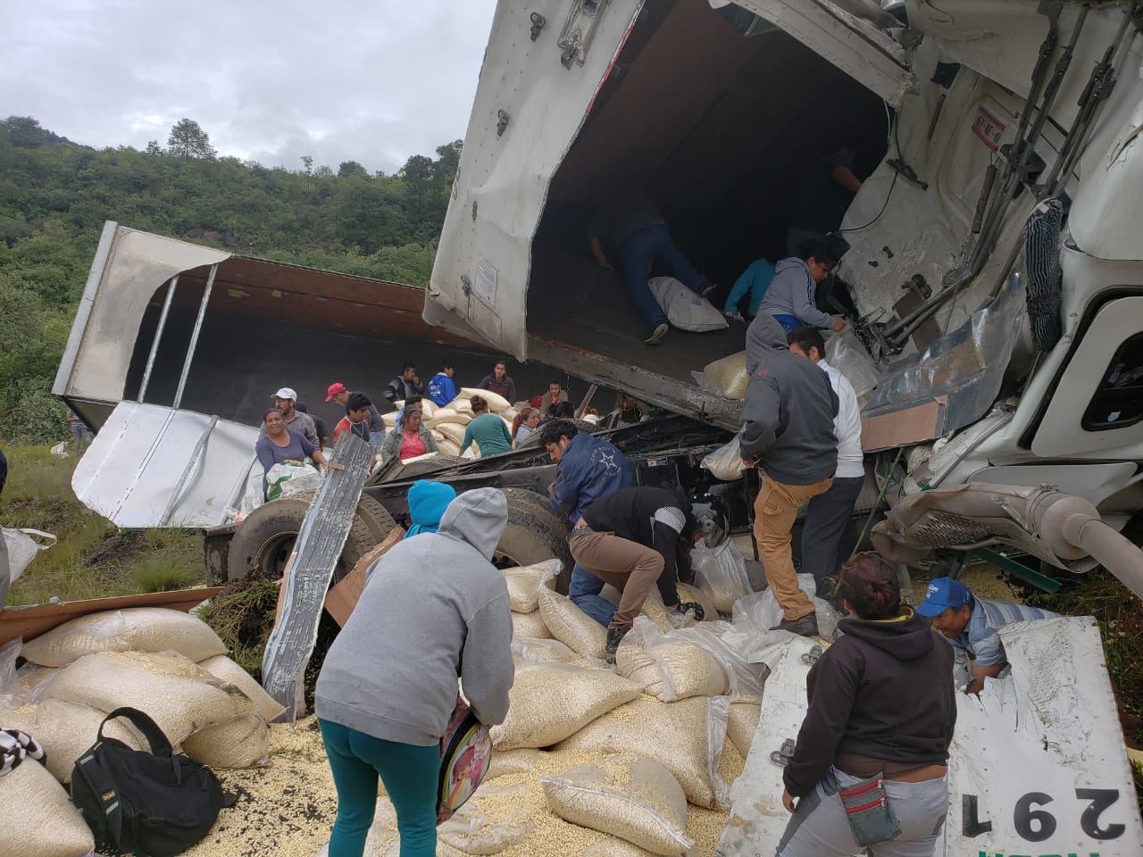 Pobladores roban maíz de camión volcado en Maltrata